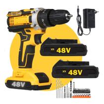 Parafusadeira Furadeira Eletrica chave de impacto 48v Bivolt Maleta 2 Bateria Cor Amarelo 127/220v