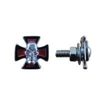 Parafuso Para Placa De Moto Par Cruz e Caveira Personalizada Banho Níquel Máxima Resistência Não Enferruja Estilo Motoqueiro Acessório Moto
