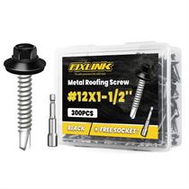 Parafusos de telhado de metal FIXLINK 12 x 1-1/2, 300 unidades pretas