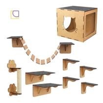 Parquinho de Gato MDF Playground Suspenso Resistente 9 Peças Carpete - Mondo Box