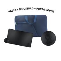 Pasta Case Capa Maleta Com Bolso Neoprene + MousePad Gamer Preto 90x40 + Porta Copos De Couro