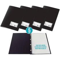Pasta Catálogo PVC com Visor 50 Envelopes Plásticos 24,5x0,8x33,5cm A4 Preto Polibras Kit com 5 Pastas