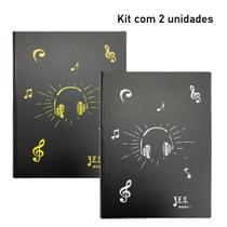Pasta Catálogo Tamanho A4 c/ estampa de música - 20 sacos plásticos (kit com 2 unidades: AM/BR)