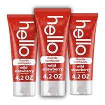 Pasta de dente hello Wild Strawberry Kids com flúor 125 mL, pacote com 3 unidades