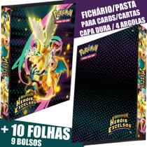 Pasta Fichário Álbum Pokémon Mega Evolução Heróis Excelsos Dragonite Pikachu Lucario Capa Dura 4 Argolas Cartas Cards 10 Folhas