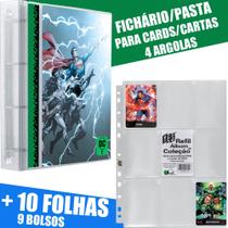 Pasta Fichário Carta Cards 4 Argolas HRO DC Batman Mulher Maravilha Superman Flash + 10 Folhas