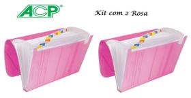 Pasta Sanfonada Plastica A4 12 Div. Rosa Kit c/2 Pcs ACP