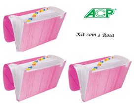 Pasta Sanfonada Plastica A4 12 Div. Rosa Kit c/3 Pcs ACP