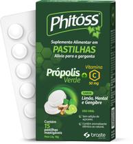 Pastilha Alívio p/ Garganta Phitoss Propolis e Vitamina C Sabor Menta, Limão e Gengibre 15 Pastilhas - Brasterapica