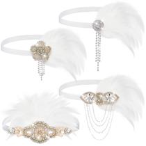 Patelai, 4 peças de bandanas de strass de penas brancas vintage dos anos 1920