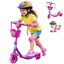 Patinete 3 Rodas Infantil com Luz LED Capacete de Proteção Kit Segurança Completo com Joelheiras Cotoveleiras Poteção para mãos Rosa