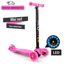 Patinete Brinquedo Infantil Menina Rosa 4 Rodas Regulável Luzes Led Até 60 Kg Freio Duplo