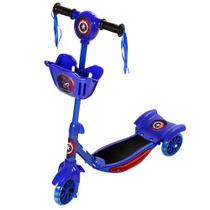 Patinete Capitão America Para Crianças Scooter 3 Rodas Brinquedo Infantil De Led E Som Menino Azul Modelo Com Cestinha