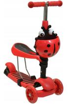 Patinete de Criança Infantil Joaninha 60kg Cesto Luzes Rodas 2 Em 1 Com LED Vermelho