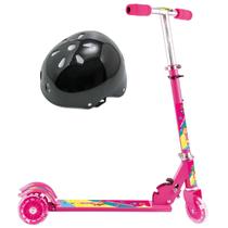 Patinete de Ferro Menina 3 Rodas Led Dobrável Com Capacete