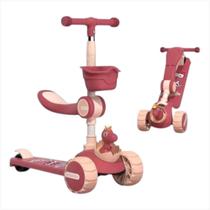 Patinete Dino Infantil 3 Rodas, Cestinho, Assento, Luzes led e música Altura Ajustável Meninas Cor Rosa