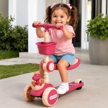Patinete Dino Infantil 3 Rodas, Cestinho, Assento, Luzes led e música Altura Ajustável Meninas Cor Rosa