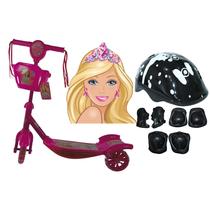 Patinete Infantil 03 Rodas Barbie Com Cesta E Kit Capacete