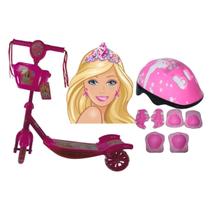 Patinete Infantil 03 Rodas Com Cesta Barbie E Kit Proteçâo - Samba Toys