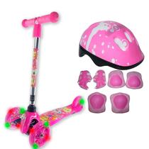 Patinete infantil 3 rodas ajustavel rosa com led e capacete