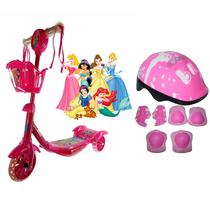 Patinete Infantil 3 Rodas Com Cesta Princesas E Kit Proteção - SAMBA TOYS