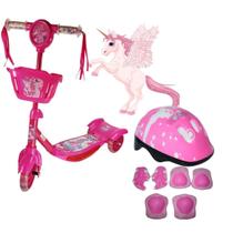 Patinete Infantil 3 Rodas Com Cesta Unicornio E Kit Proteção - Samba Toys