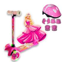 Patinete Infantil 3 Rodas Com Led Barbie e Kit Capacete