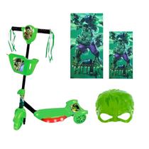 Patinete Infantil 3 Rodas Hulk Kit Toalha Mascara