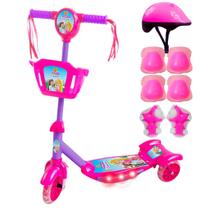 Patinete Infantil 3 Rodas Luz e Som Com Cesta E Kit Proteção - DM Toys