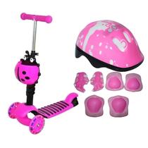 Patinete infantil 3em1 joaninha rosa cesto e kit capacete