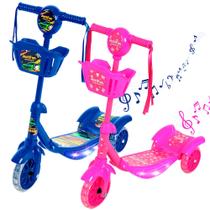 Patinete Infantil Luz De Led 3 Rodas Com Cesto Rosa Ou Azul - Just Fun