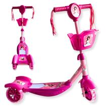 Patinete Infantil Menina Musical 3 Rodas Kids Cor Rosa Seguro Com Led Scooter Criança Ajustavel Princesa Resistente Seguro Brinquedo Radical