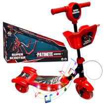 Patinete Infantil p/ Meninos Estampa do Spider Aranha Luzes Som 3 Rodas