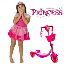 Patinete Infantil Princesa Som Luz Cestinha Roupa Princesa