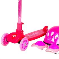 Patinete Infantil Rosa 3 Rodas Led Kit De Proteção Meninas