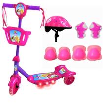 Patinete Infantil Sonho de Princesa Cesta Rosa c/ Kit Proteção