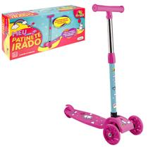 Patinete Irado Infantil Unicórnio 40Kg Rosa 3 Rodas C/ Luzes