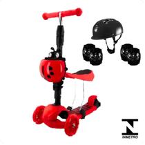 Patinete Joaninha Vermelho Com Kit Segurança Capacete Cotoveleira e Joelheira