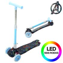 Patinete Marvel Vingadores Azul para Crianças de 3 Rodas Led