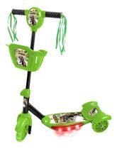 Patinete Musical Verde Dinossauro 3 Rodas Luz Freio E Cesta