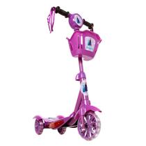Patinete Para Crianças Scooter 3 Rodas Brinquedo Infantil De Led E Som Menina Roxo Modelo Frozen Com Cestinha Art Brink