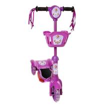 Patinete Para Crianças Scooter 3 Rodas Brinquedo Infantil De Led E Som Menina Roxo Modelo Princesa Sofia Com Cestinha