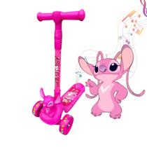 Patinete Stitch Rosa Infantil 3 Rodas Com Luz Som e Bichinho