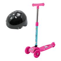 Patinete Unicórnio Rosa 3 Roda Luzes Led + Capacete Infantil