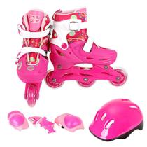 Patins 3 Rodas Inline 28-31 Rosa/Branco Proteção + Capacete - BBR Toys