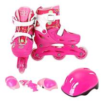 Patins 3 Rodas Inline 28-31 Rosa/Branco Proteção + Capacete - Bbr Toys