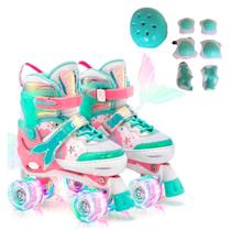 Patins 4 Rodas ARCO IRIS Com Luz De Led E Glitter Top Patins Com Kit Proteção Menina Menino