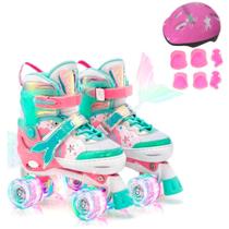 Patins 4 Rodas Infantil Pink Sereia Com Led E Proteção Patins Criança