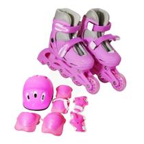 Patins 4 rodas inline rosa com kit protecao tamanho 39/42