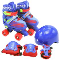 Patins 4 Rodas Quad Infantil Ajustável + Kit Proteção Azul